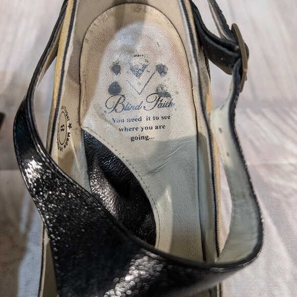 John Fluevog Blind Faith T-Strap Heels Black & Tan Women Size 8 - Picture 2 of 14